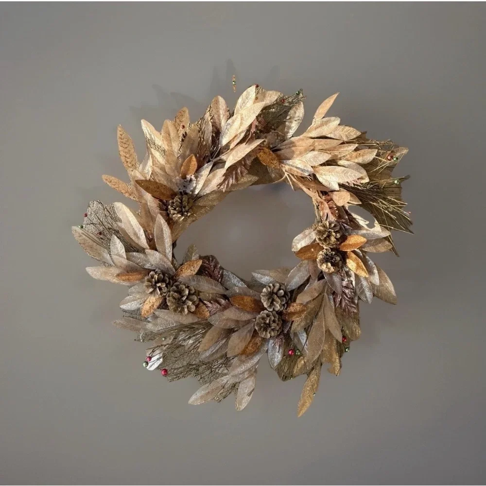 Handmade Festive Faux Wreath Door wall Decor Rattan Bells Gold Silver Pine